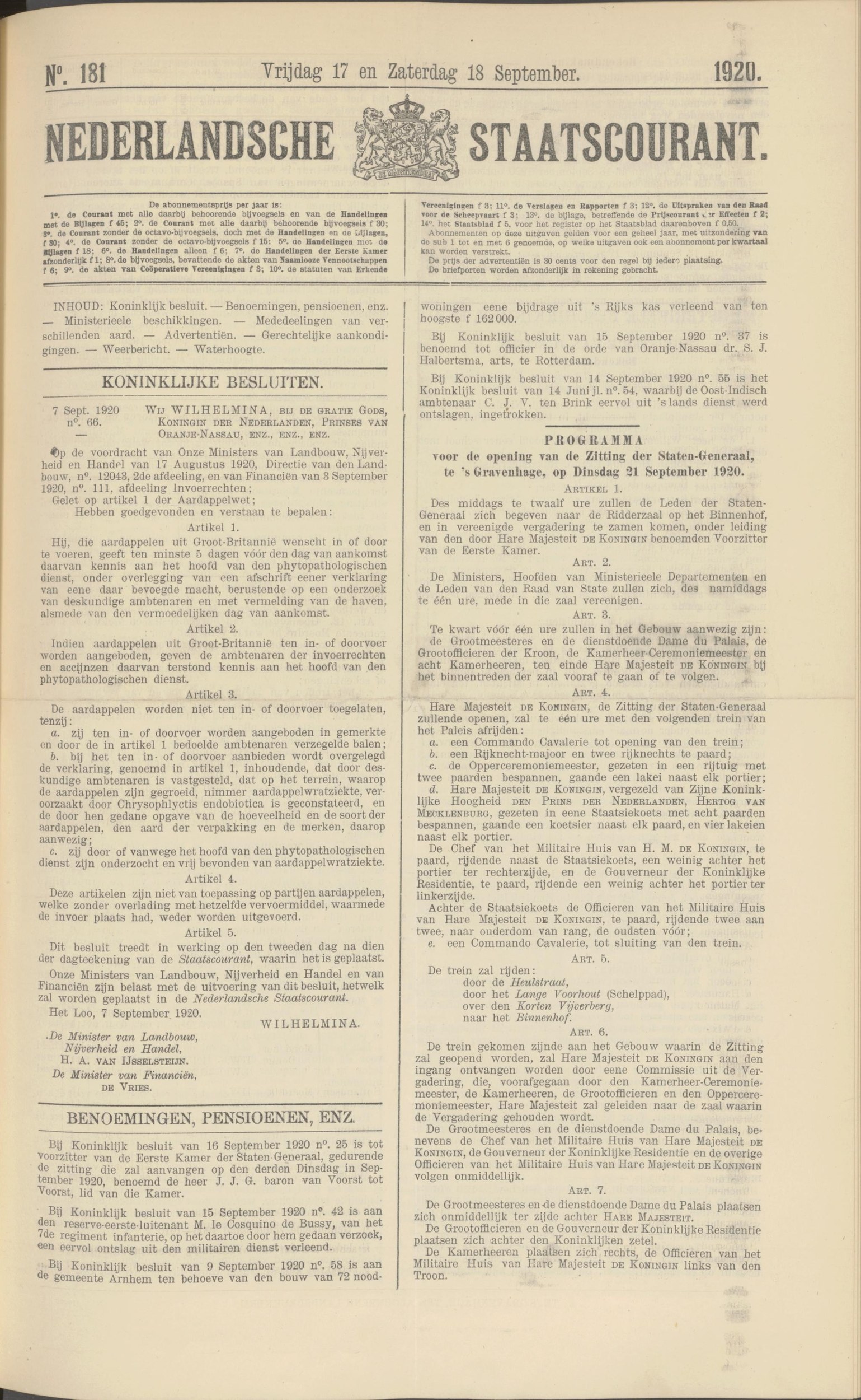 Nederlandsche Staatscourant 18-09-1920 — KB Officier Orde van Oranje-Nassau (dr. S. J. Halbertsma)