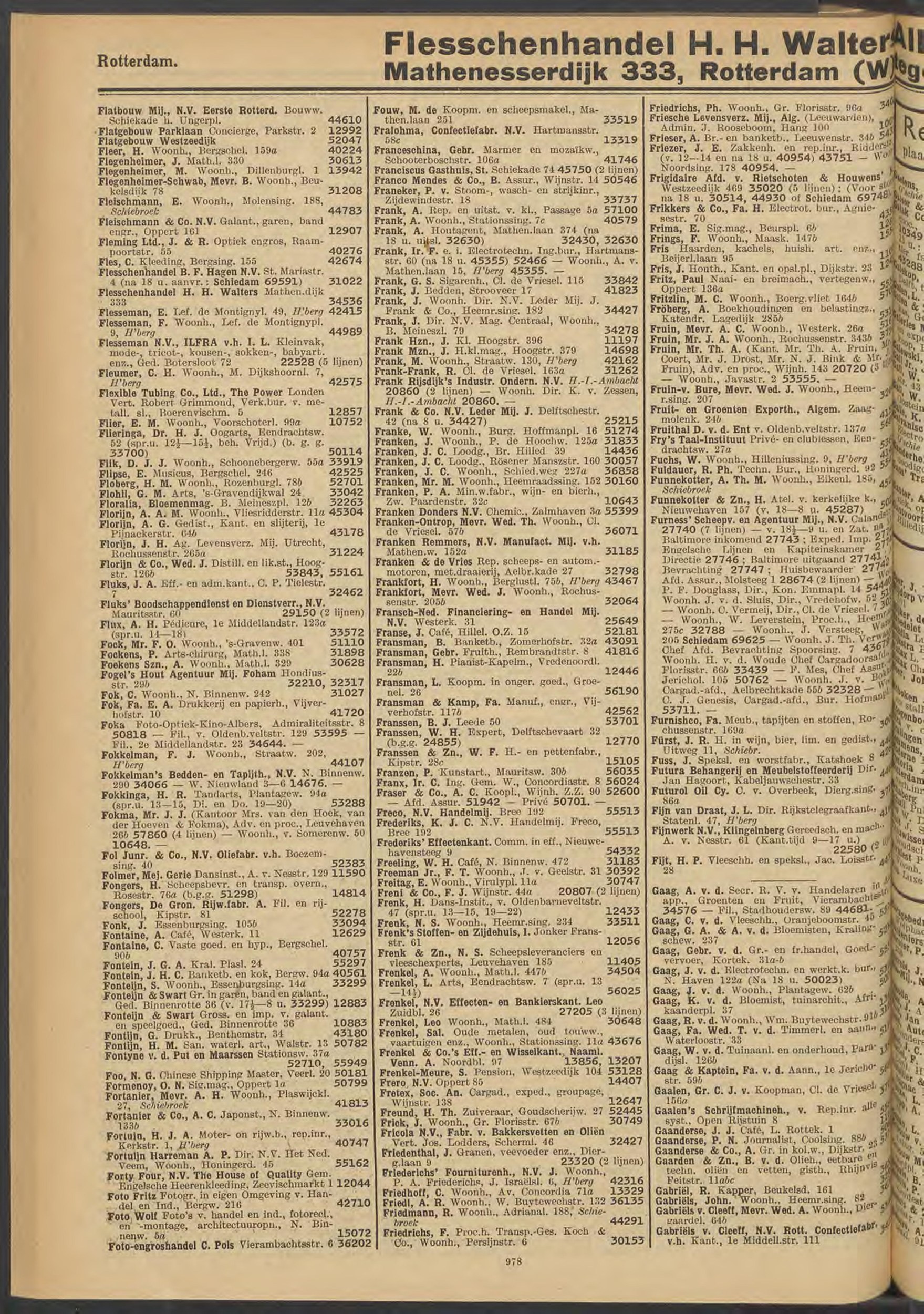 Naamlijst interlocalen telefoondienst 1936, Rotterdam p.1005 — Furnishco Fa., Rochussenstr. 169a