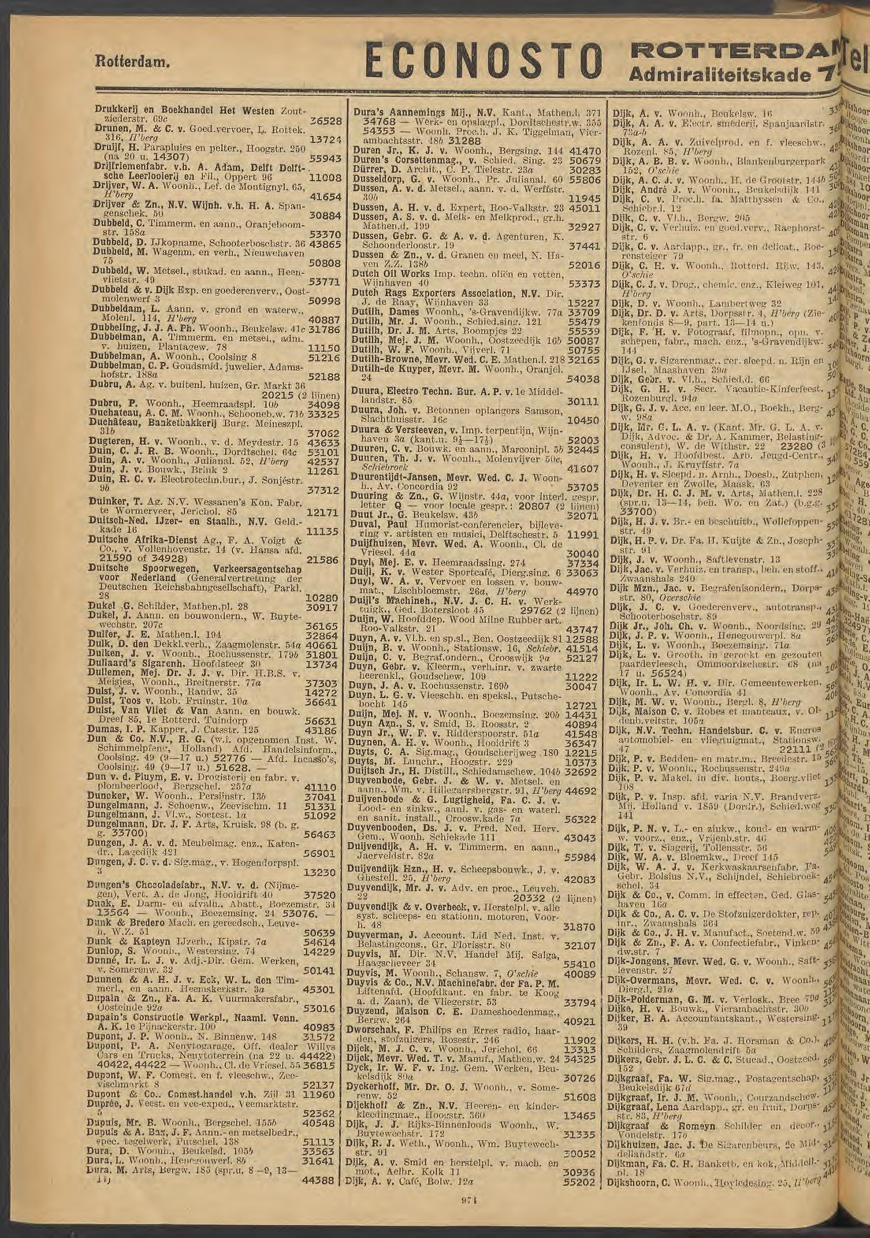 Naamlijst interlocalen telefoondienst 1936, Rotterdam p.1001 — J. A. van Duyn, Rochussenstr. 169b, tel 30047