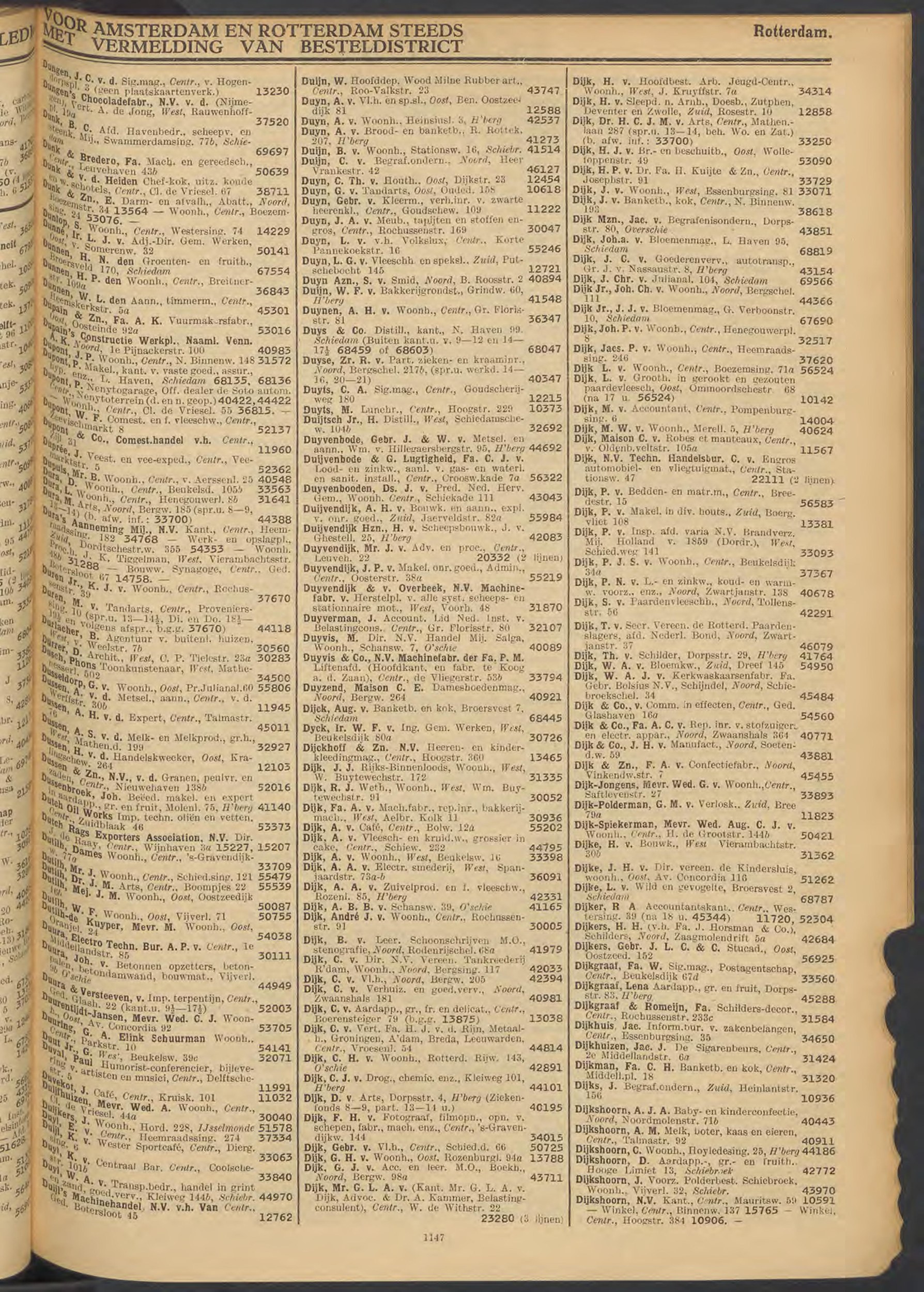 Naamlijst interlocalen telefoondienst 1938, Rotterdam p.1183 — J. A. van Duyn, Rochussenstr. 169, tel 30047