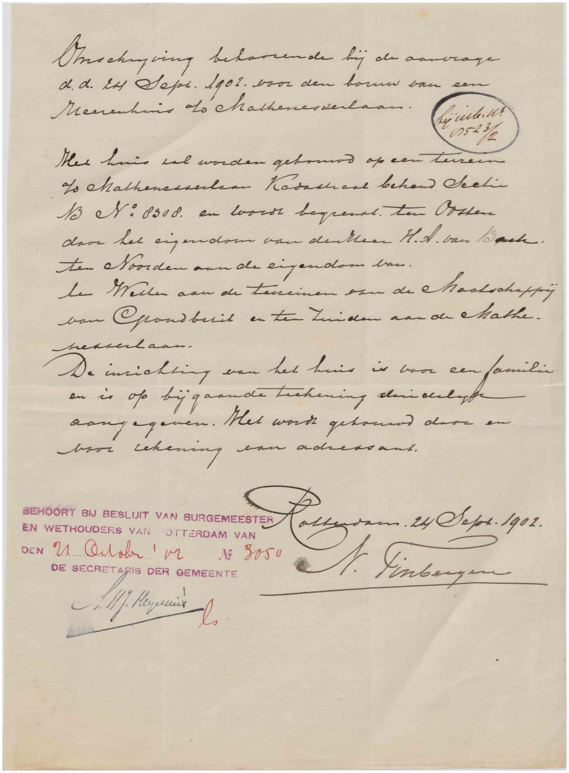 Bouwpolitie Rotterdam 396-01-04 inv. 18080 — Nieuwbouw 1 herenhuis, Mathenesserlaan 235 (1902-10-21)