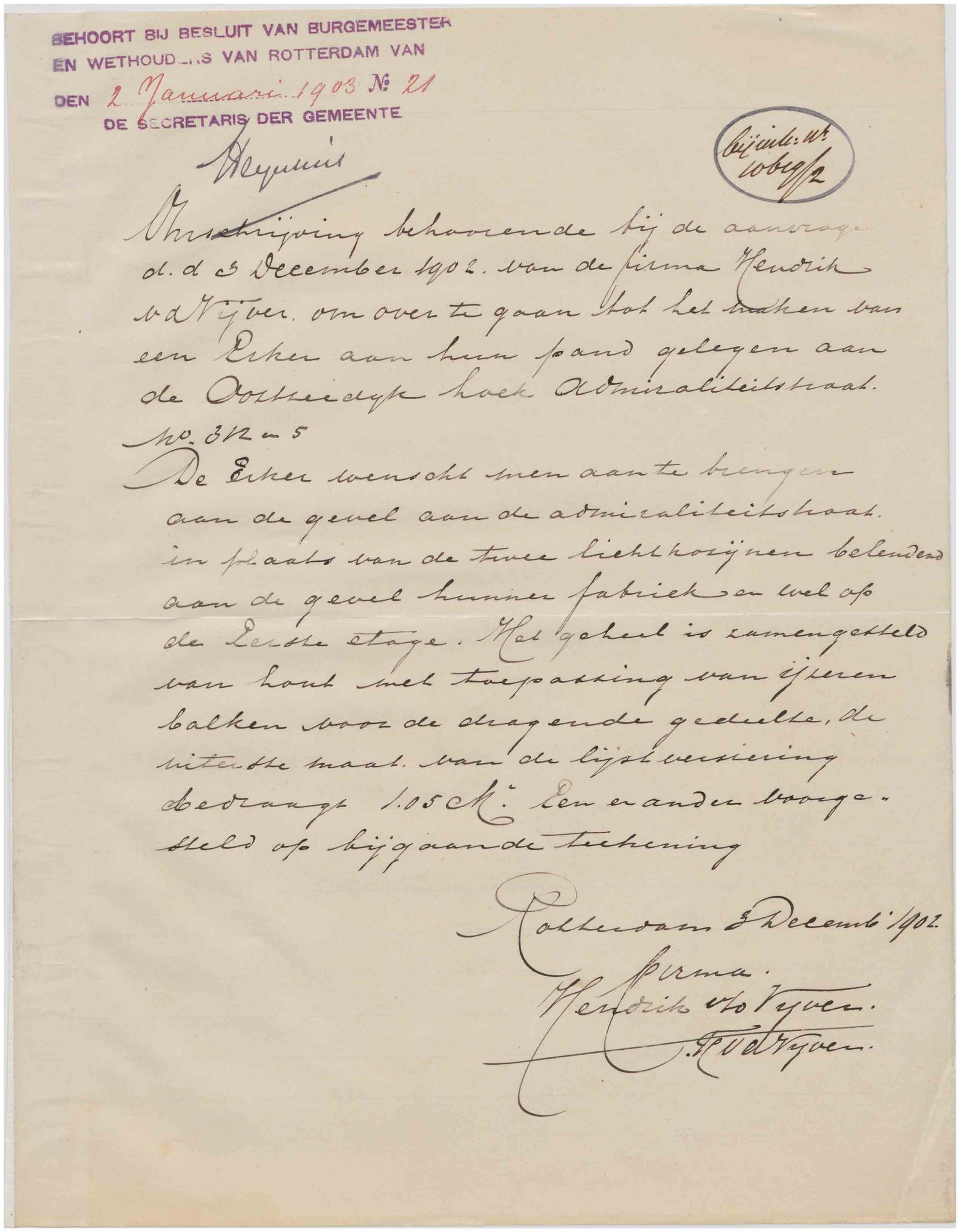 Bouwpolitie Rotterdam 396-01-04 inv. 18210 — Maken van een erker, Admiraliteitsstraat 5 / Oostzeedijk 312 (1903-01-02)