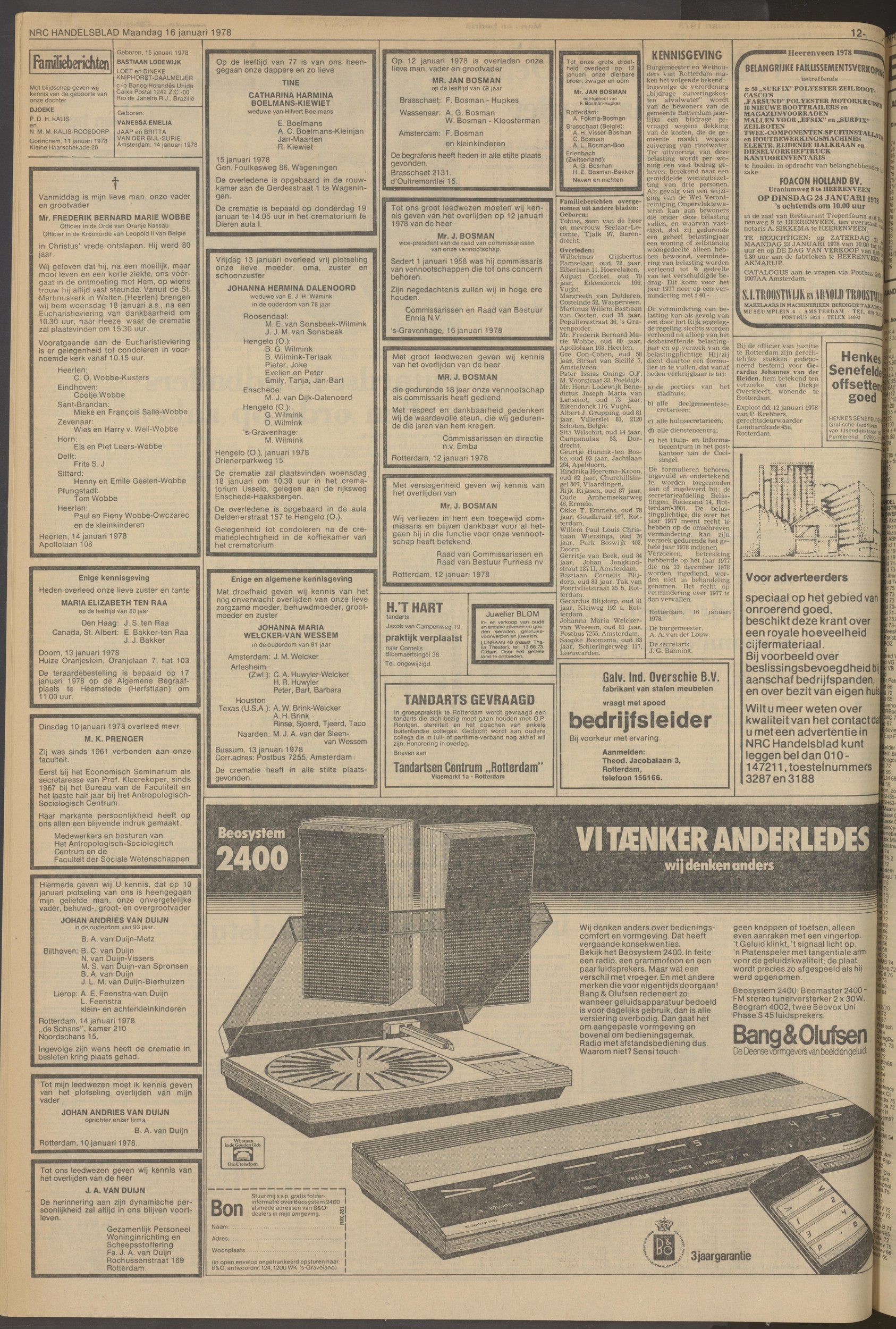 NRC Handelsblad, 16 januari 1978 — Familieberichten (full page)