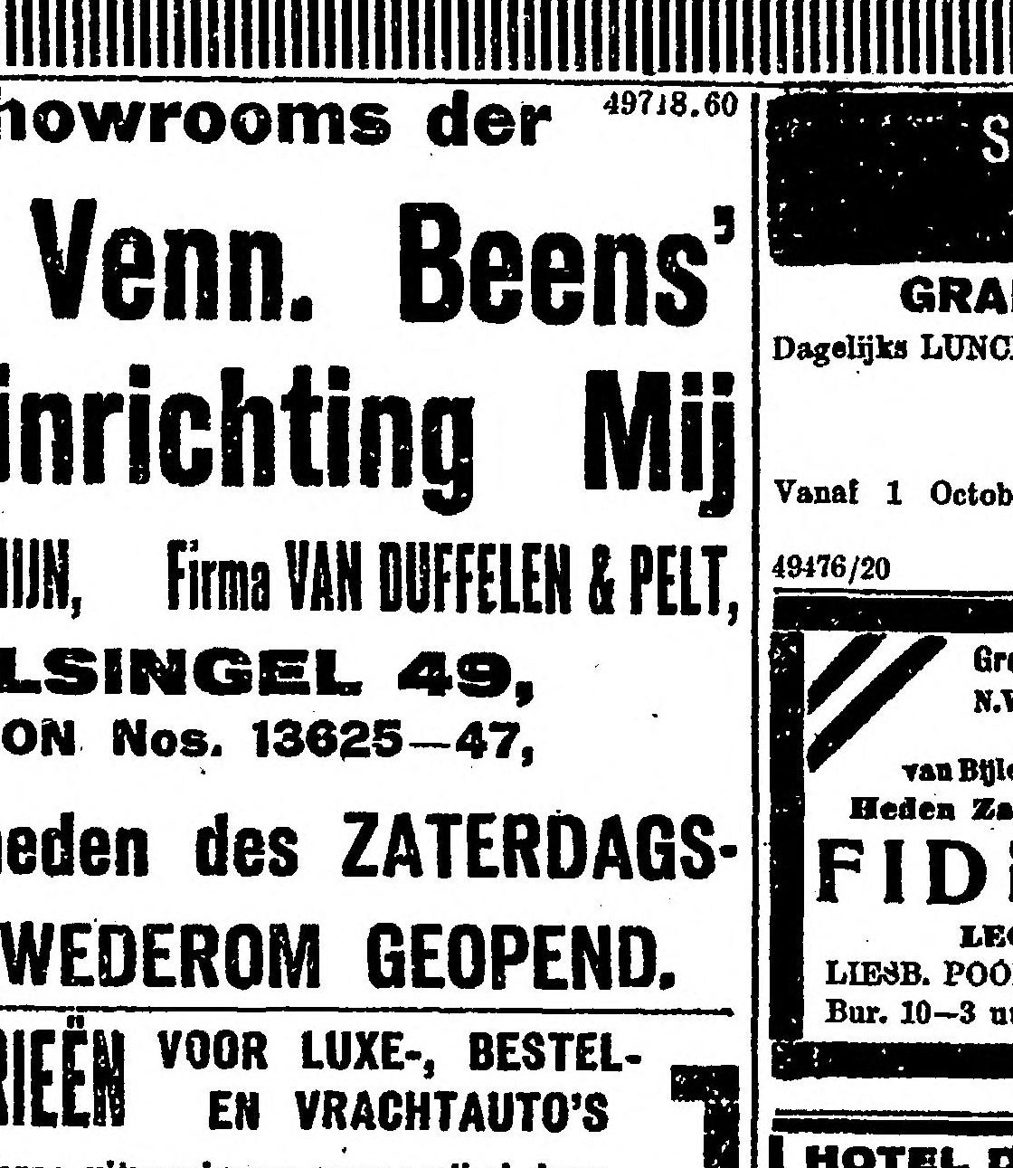 Nieuwe Rotterdamsche Courant 30 Sep 1922 — Coolsingel 49 showrooms of N.V. Beens' Woninginrichting Mij, with Firma Kam & Van Rhijn + Firma Van Duffelen & Pelt