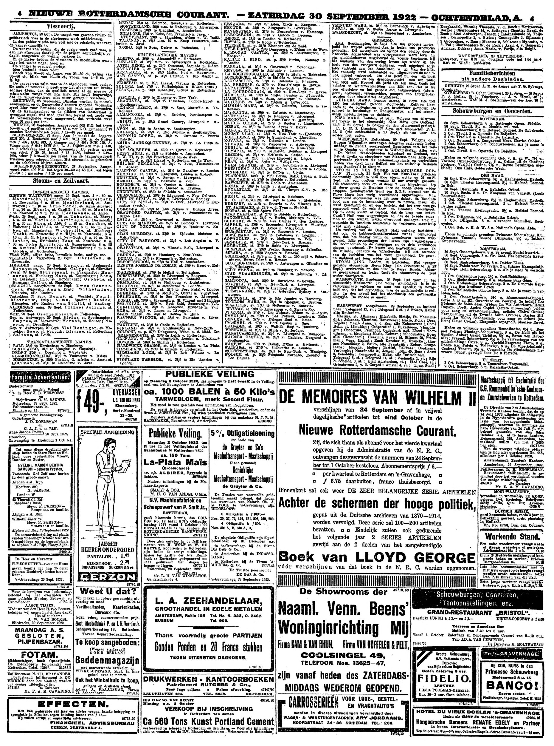 Nieuwe Rotterdamsche Courant 30 Sep 1922 — Coolsingel 49 showrooms of N.V. Beens' Woninginrichting Mij, with Firma Kam & Van Rhijn + Firma Van Duffelen & Pelt